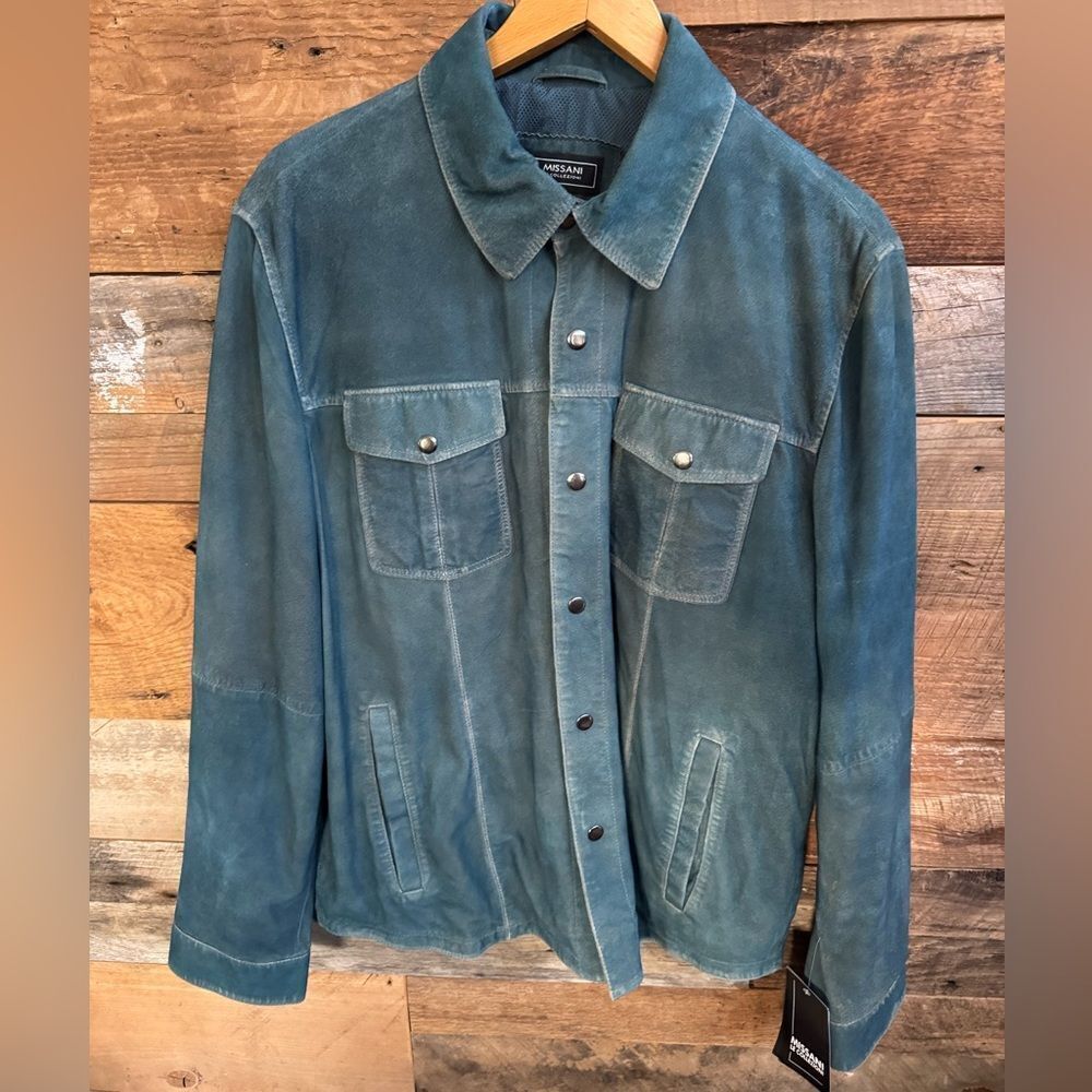 Missani Le Collezioni Blue Suede Leather Jacket XL Snap Front Shirt Style BNWT